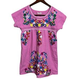 Mexican Dress Tunic Small Embroidered Pink Colorful Puff Sleeve Artsy Boho